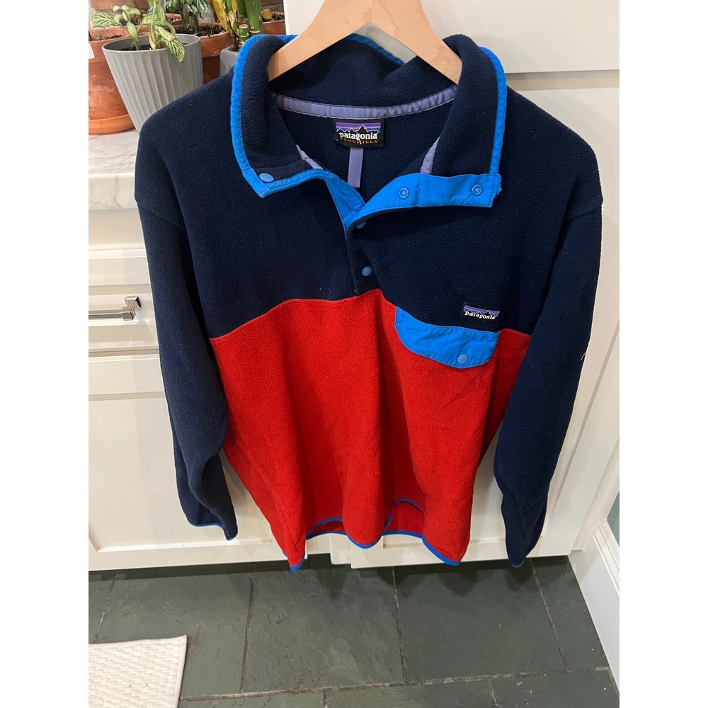 Patagonia Mens Synchilla Snap-T Fleece Pullover Navy Red Colorblock Blue Trim